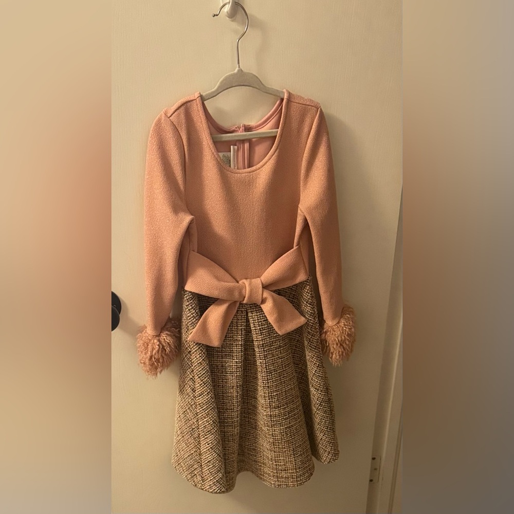 Glitter Top Pink Houndstooth small Plaid Skirt  Fluffy Sleeve Dress